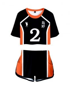 Fandombuy Women Haikyuu!! Karasuno High School Volleyball Club Cosplay Crop Top & Shorts Set Summer 2 Pieces Casual Clothes