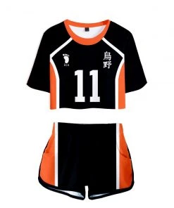 Fandombuy Women Haikyuu!! Karasuno High School Volleyball Club Cosplay Crop Top & Shorts Set Summer 2 Pieces Casual Clothes