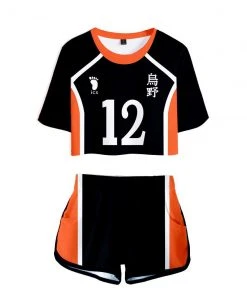 Fandombuy Women Haikyuu!! Karasuno High School Volleyball Club Cosplay Crop Top & Shorts Set Summer 2 Pieces Casual Clothes