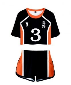 Fandombuy Women Haikyuu!! Karasuno High School Volleyball Club Cosplay Crop Top & Shorts Set Summer 2 Pieces Casual Clothes