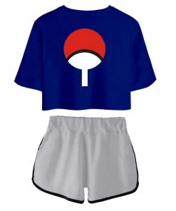INSWEAR New Arrivals Women Naruto Crop Top Sets Uchiha Sasuke Cosplay Short Sleeve T-shirt Shorts 2 Pieces Sets Casual Clothes