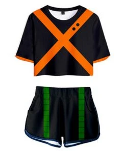 INSWEAR New Arrivals Women My Hero Academia Crop Top Sets Bakugou Katsuki Cosplay Short Sleeve T-shirt Shorts 2 Pieces Sets Casual Clothes