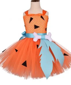 Cosplaygift Kids Girls Primitive Man Bones Decor Cosplay Costume Orange Dress Outfits Halloween Carnival Suit New Arrivals