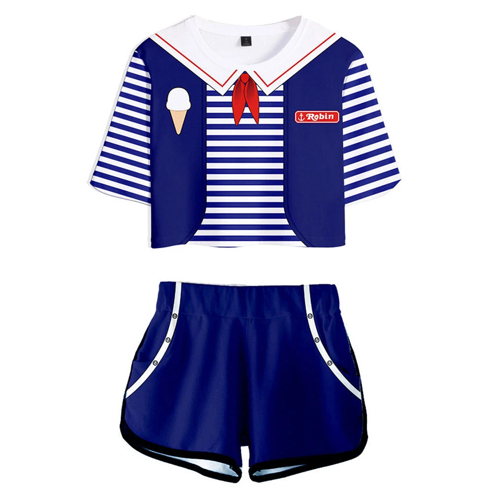 Viele Kostüme New Arrivals Stranger Things Season 3 Robin Cosplay Costume Crop Top T-shirt Shorts Set 3 Viele Kostüme New Arrivals Stranger Things Season 3 Robin Cosplay Costume Crop Top T-shirt Shorts Set