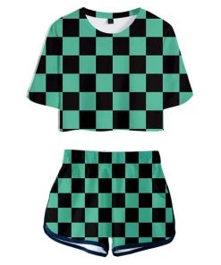 Fandomsky New Arrivals Women Demon Slayer: Kimetsu No Yaiba Kamado Tanjirou Cosplay Crop Top & Shorts Set Summer 2 Pieces Casual Clothes