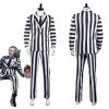 NewCosplay Beetlejuice Adam Men Black And White Striped Suit Jacket Shirt Pants Outfits Halloween Carnival Costume Cosplay Costume New Arrivals
