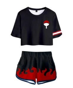 Fandombuy New Arrivals Women Naruto Crop Top Sets Uchiha Cosplay Short Sleeve T-shirt Shorts 2 Pieces Sets Casual Clothes